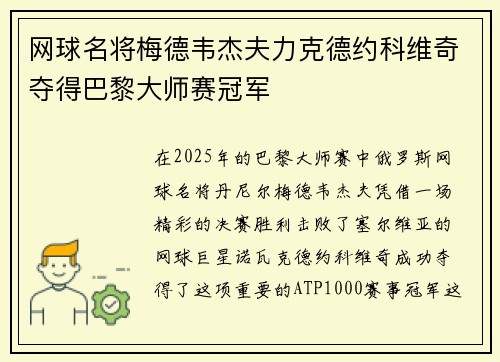 网球名将梅德韦杰夫力克德约科维奇夺得巴黎大师赛冠军
