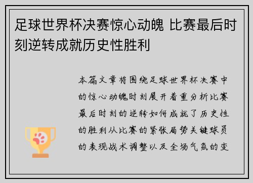足球世界杯决赛惊心动魄 比赛最后时刻逆转成就历史性胜利
