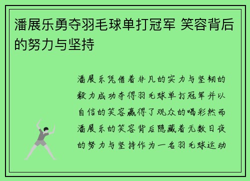 潘展乐勇夺羽毛球单打冠军 笑容背后的努力与坚持